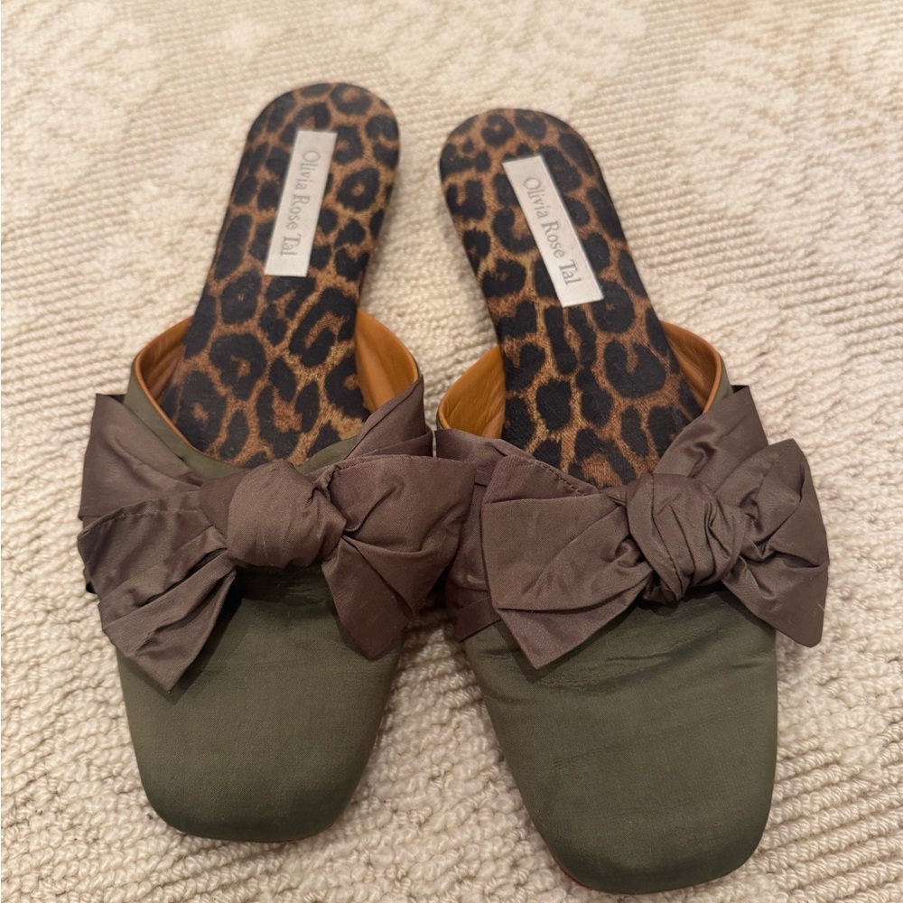 Olivia Rose Tal Green and Brown Bow Mules